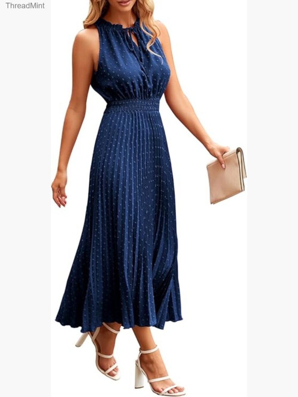 Women's Midi Summer Dress V Neck Swiss Dot Ruffle Sleeveless A Line